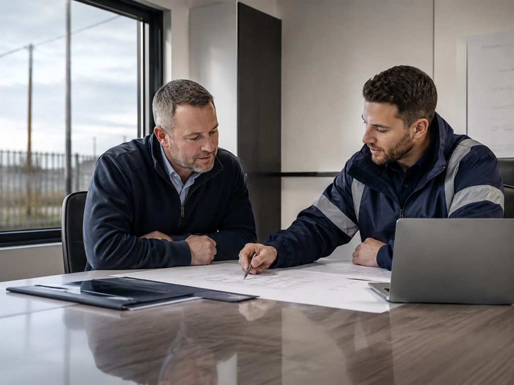 B B Utility Solutions team reviewing project plans with a client